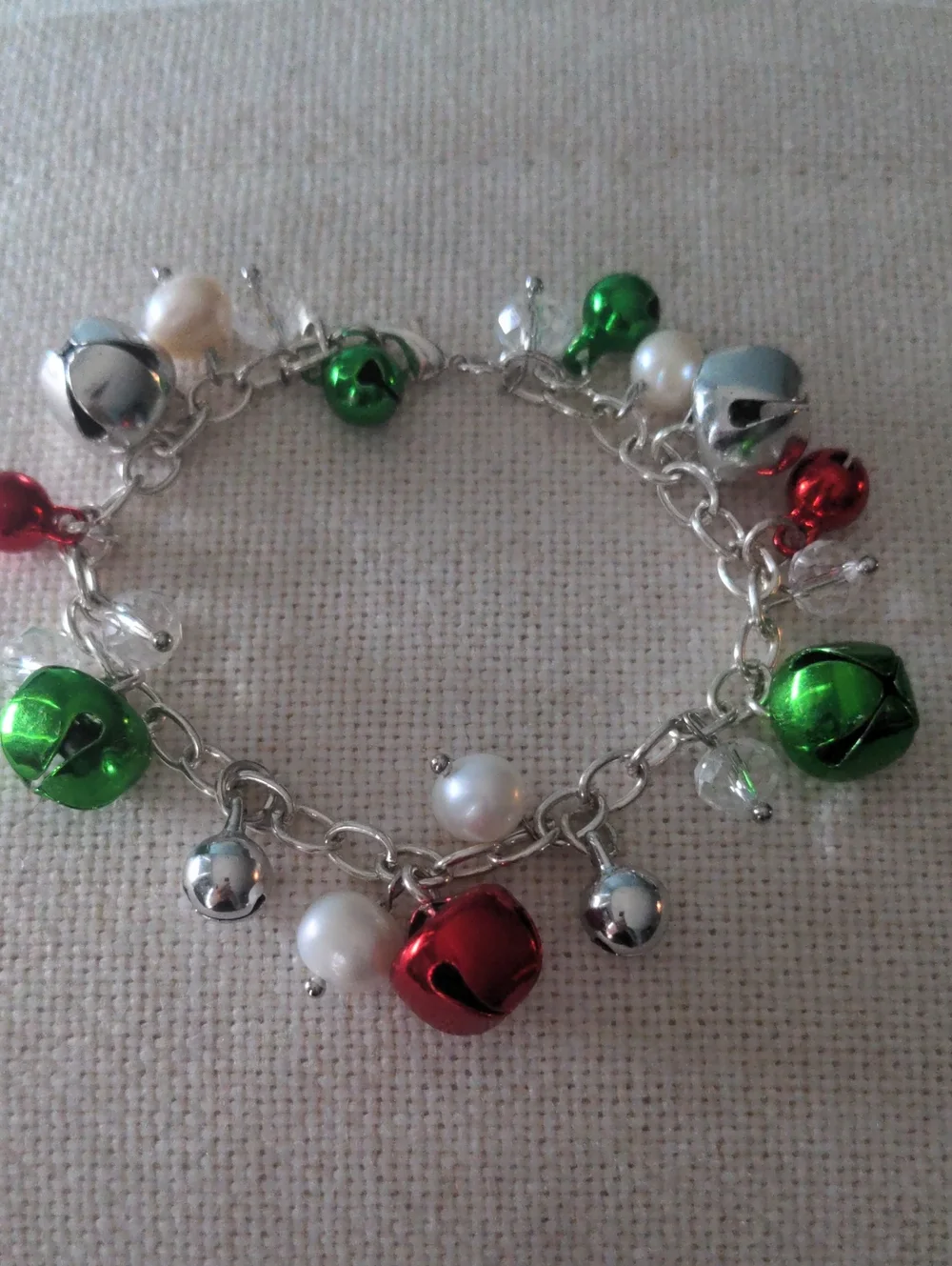Festive Green & Red Bell, Pearl , Crystal Charm Bracelet, Adjustable 7 1/2